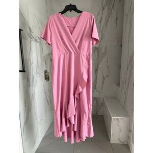 High-Low Ruffle Faux Wrap Dress, Pink, Medium